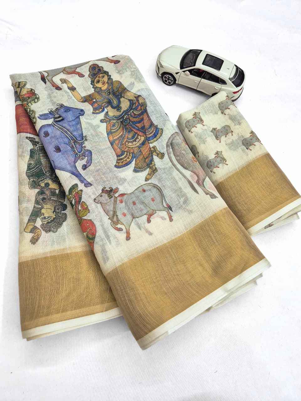 LINEN DIGITAL PRINTED GOLD JARI BORDER SAREE CODE MG682