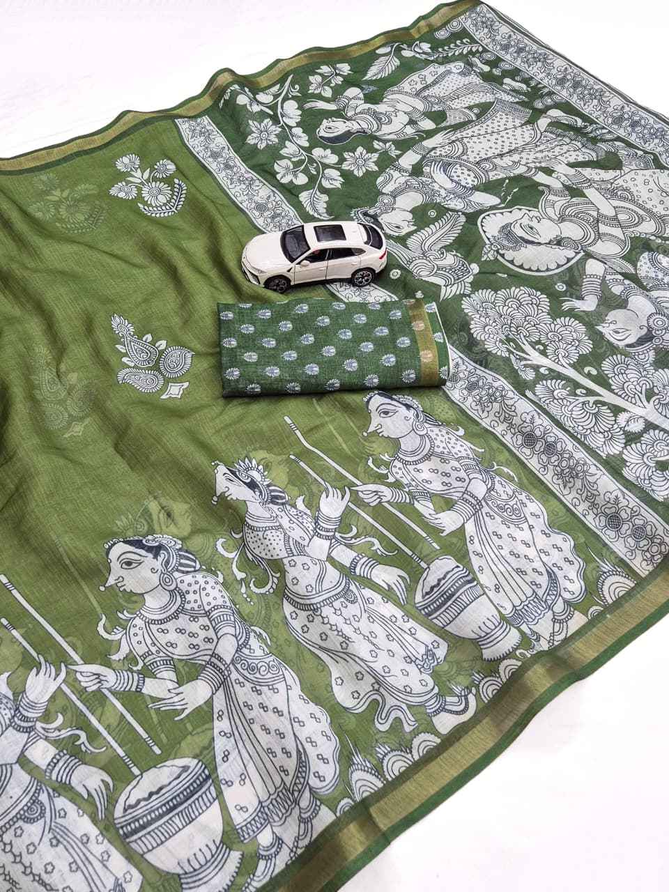 LINEN DIGITAL PRINTED GOLD JARI BORDER SAREE CODE MG685
