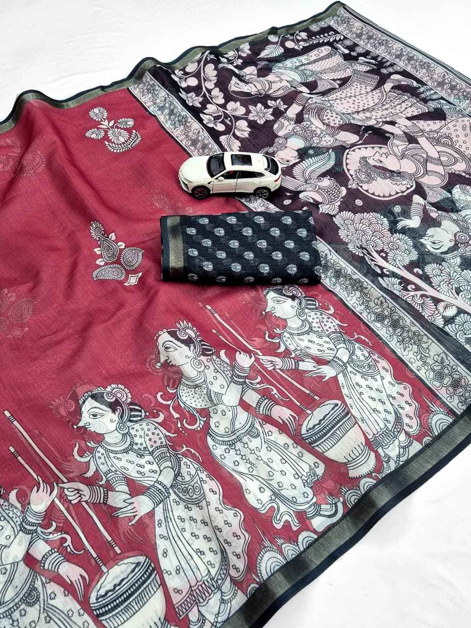 LINEN DIGITAL PRINTED GOLD JARI BORDER SAREE CODE MG685