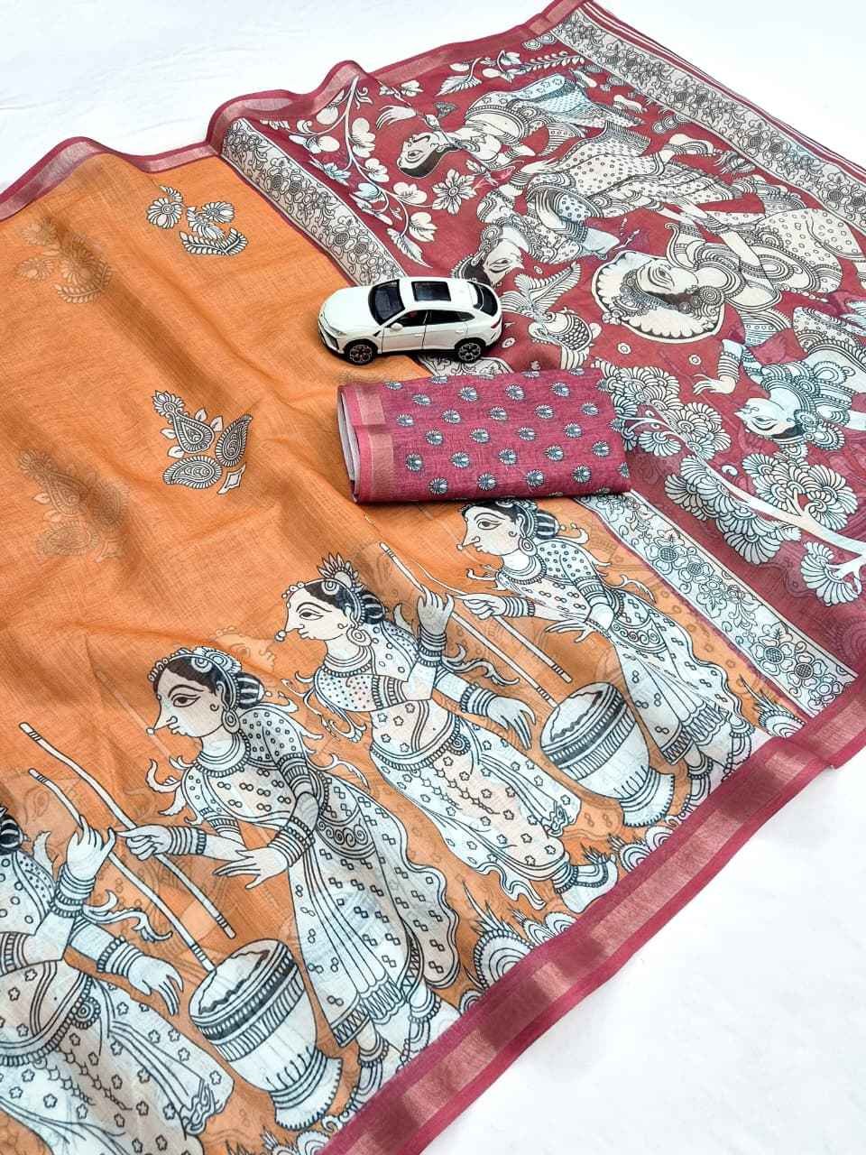 LINEN DIGITAL PRINTED GOLD JARI BORDER SAREE CODE MG685
