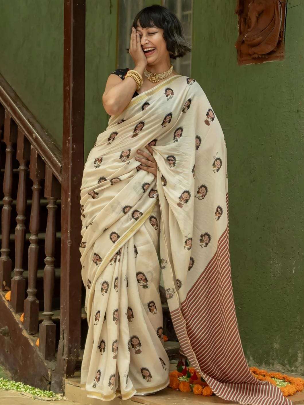 LINEN DIGITAL PRINTED GOLD JARI BORDER SAREE CODE MG690