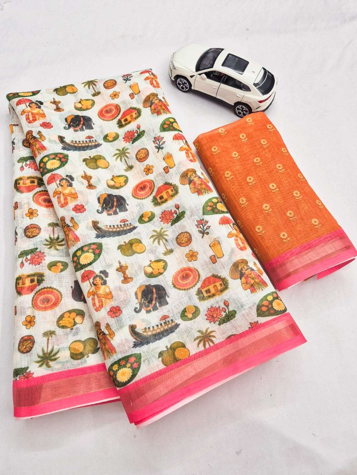 LINEN DIGITAL PRINTED GOLD JARI BORDER SAREE CODE MG690