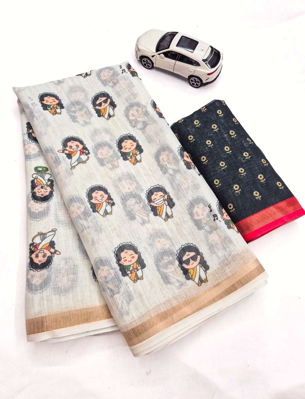 LINEN DIGITAL PRINTED GOLD JARI BORDER SAREE CODE MG690