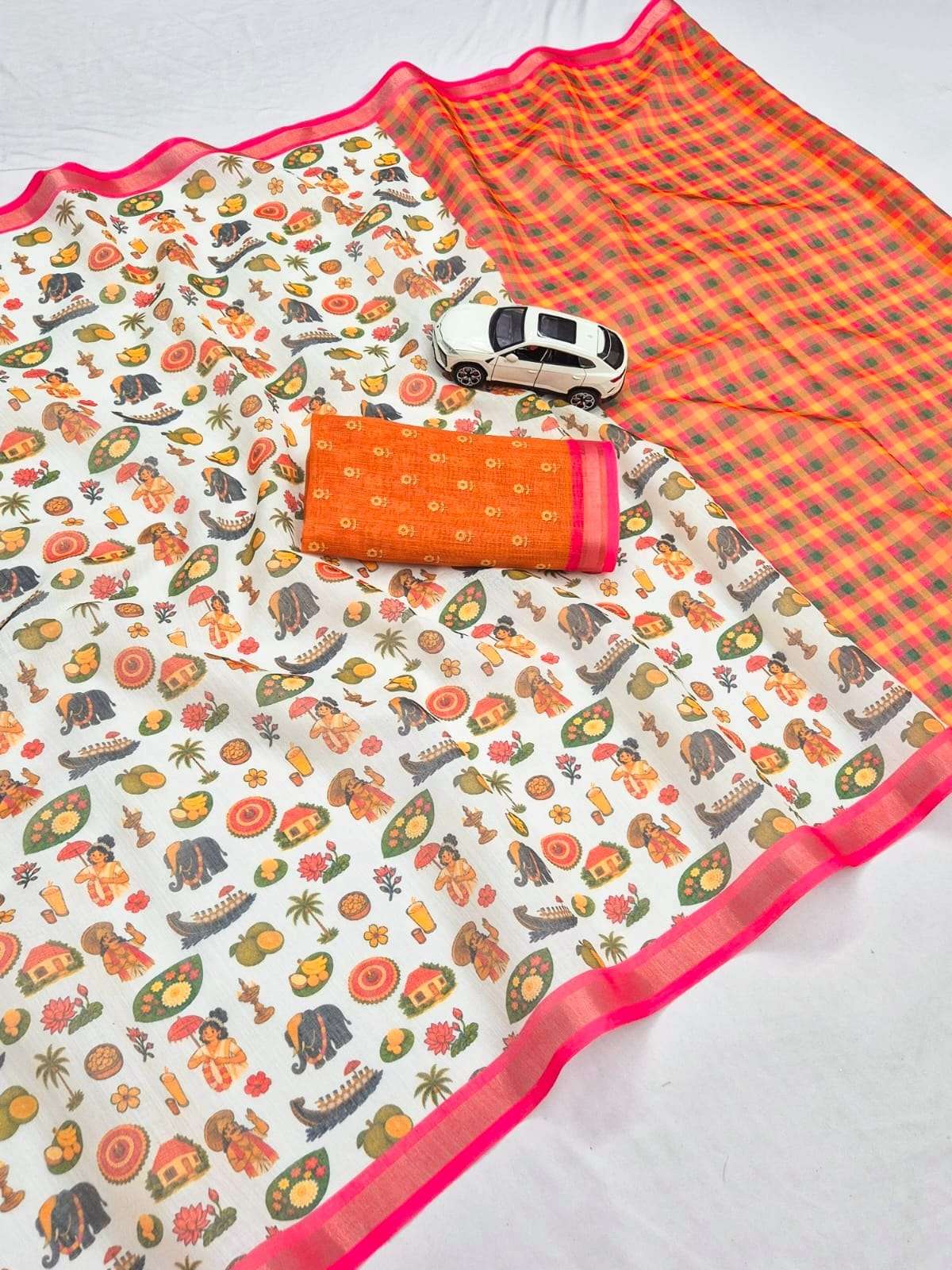 LINEN DIGITAL PRINTED GOLD JARI BORDER SAREE CODE MG690