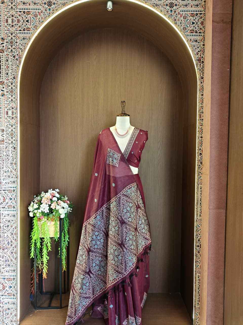 PREMIUM SOFT MUGA COTTON PASHMINA RESHAM WEAVING SAREE 
