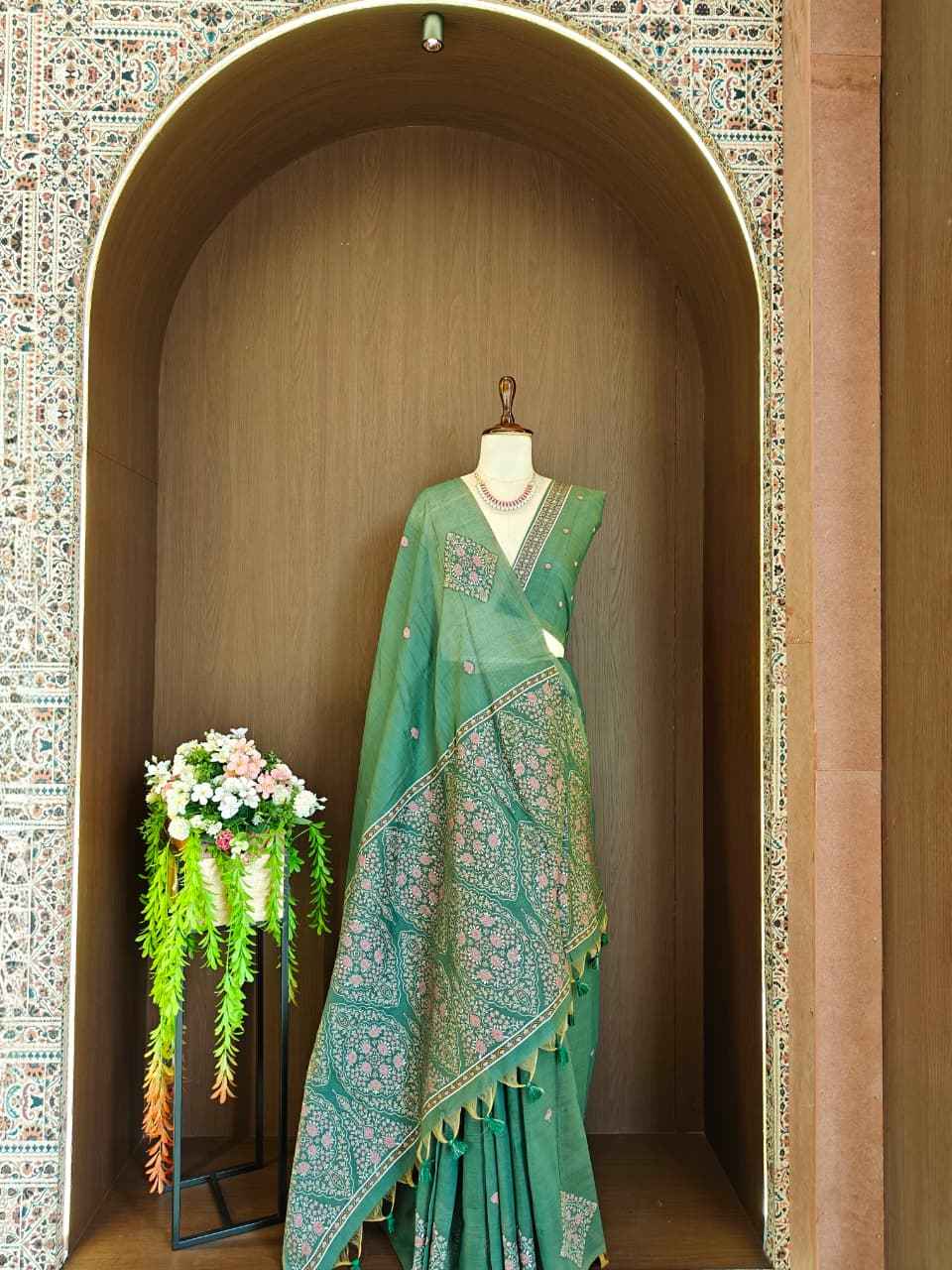 PREMIUM SOFT MUGA COTTON PASHMINA RESHAM WEAVING SAREE 