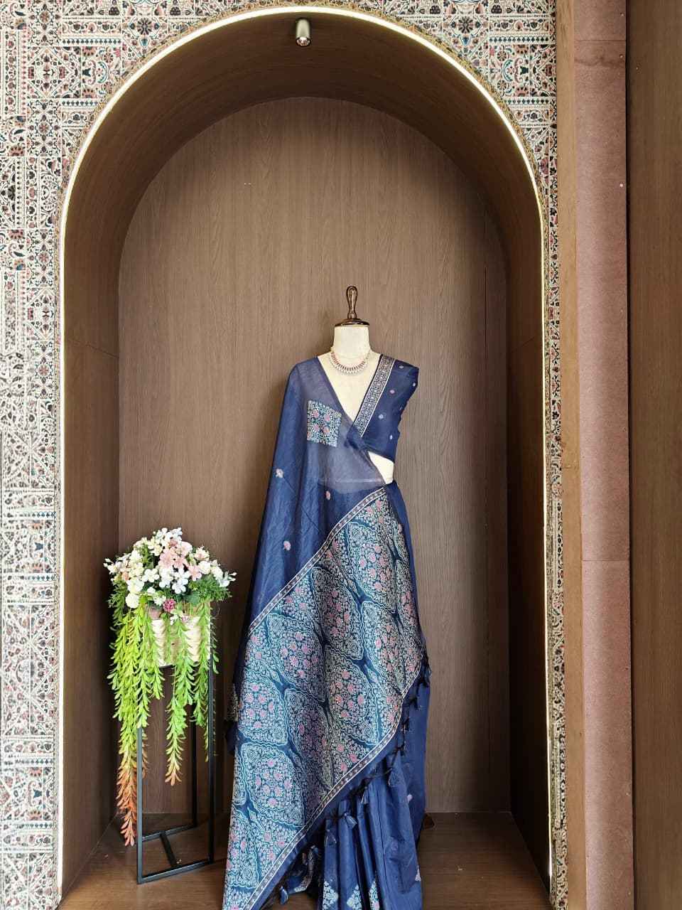 PREMIUM SOFT MUGA COTTON PASHMINA RESHAM WEAVING SAREE 