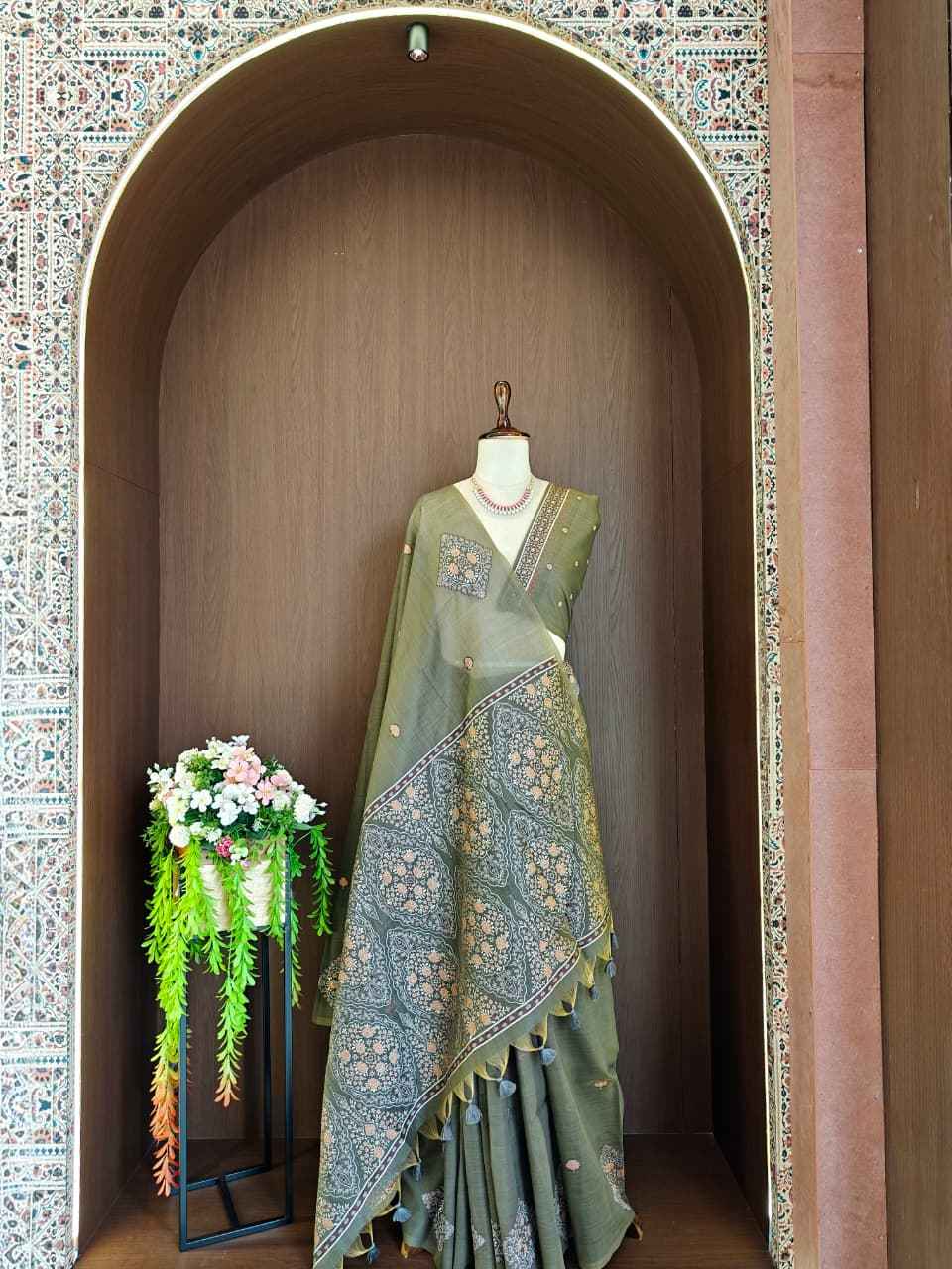 PREMIUM SOFT MUGA COTTON PASHMINA RESHAM WEAVING SAREE 