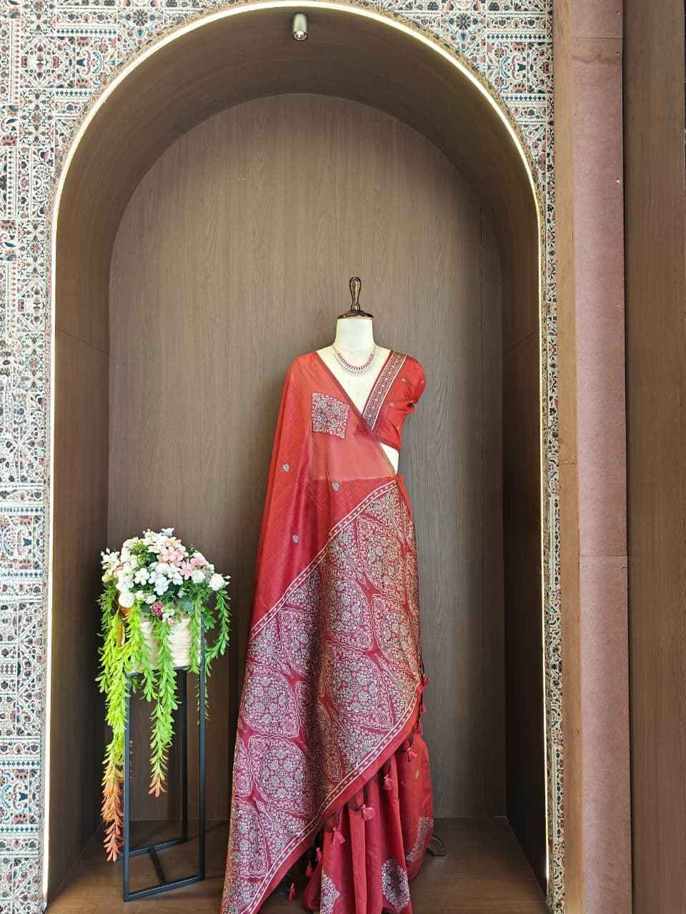 PREMIUM SOFT MUGA COTTON PASHMINA RESHAM WEAVING SAREE 