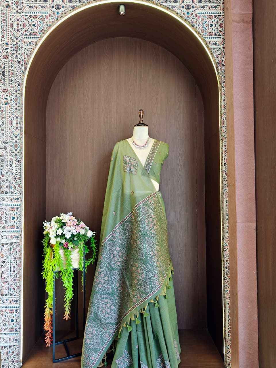 PREMIUM SOFT MUGA COTTON PASHMINA RESHAM WEAVING SAREE 