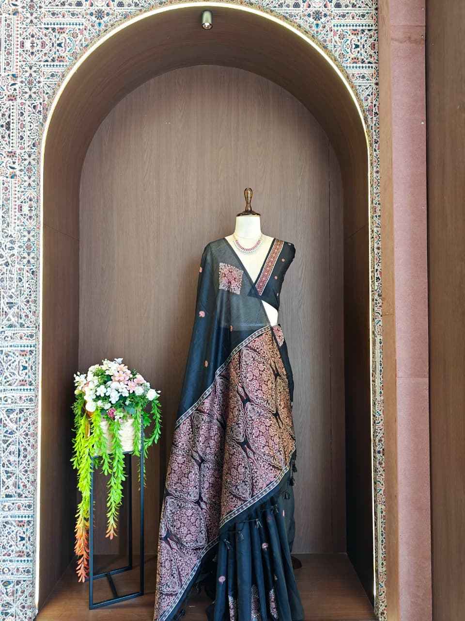 PREMIUM SOFT MUGA COTTON PASHMINA RESHAM WEAVING SAREE 