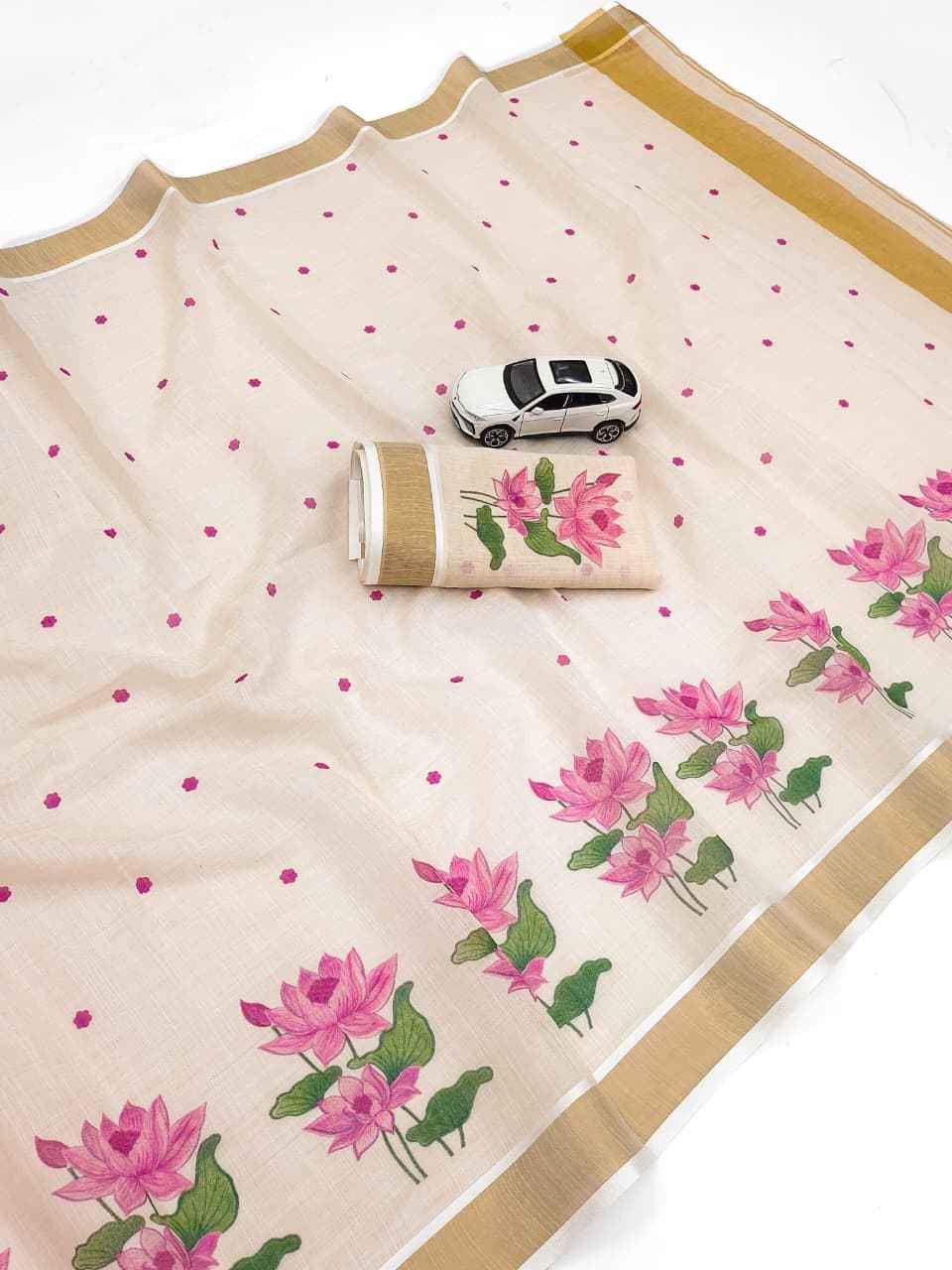 ONAM SPECIAL LINEN GOLD JARI KERALA BORDER SAREE