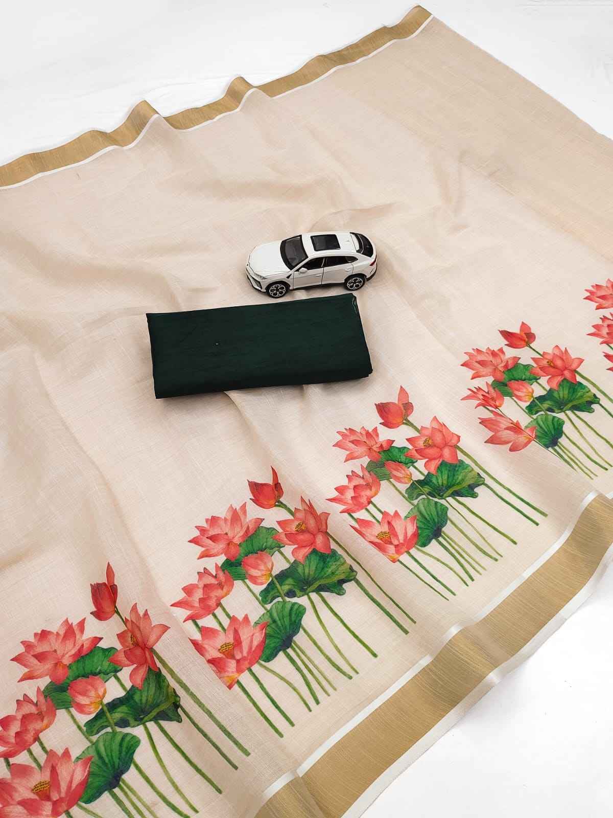 ONAM SPECIAL LINEN GOLD JARI KERALA BORDER SAREE