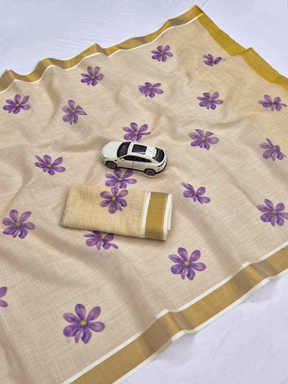 ONAM SPECIAL LINEN GOLD JARI KERALA BORDER SAREE