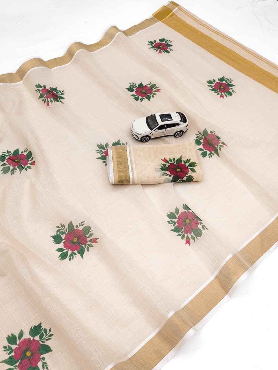 ONAM SPECIAL LINEN GOLD JARI KERALA BORDER SAREE