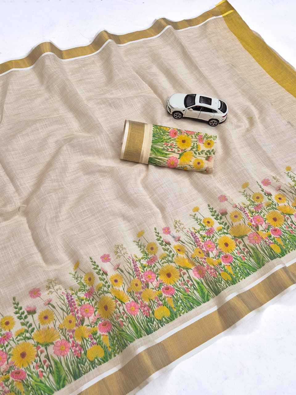 ONAM SPECIAL LINEN GOLD JARI KERALA BORDER SAREE