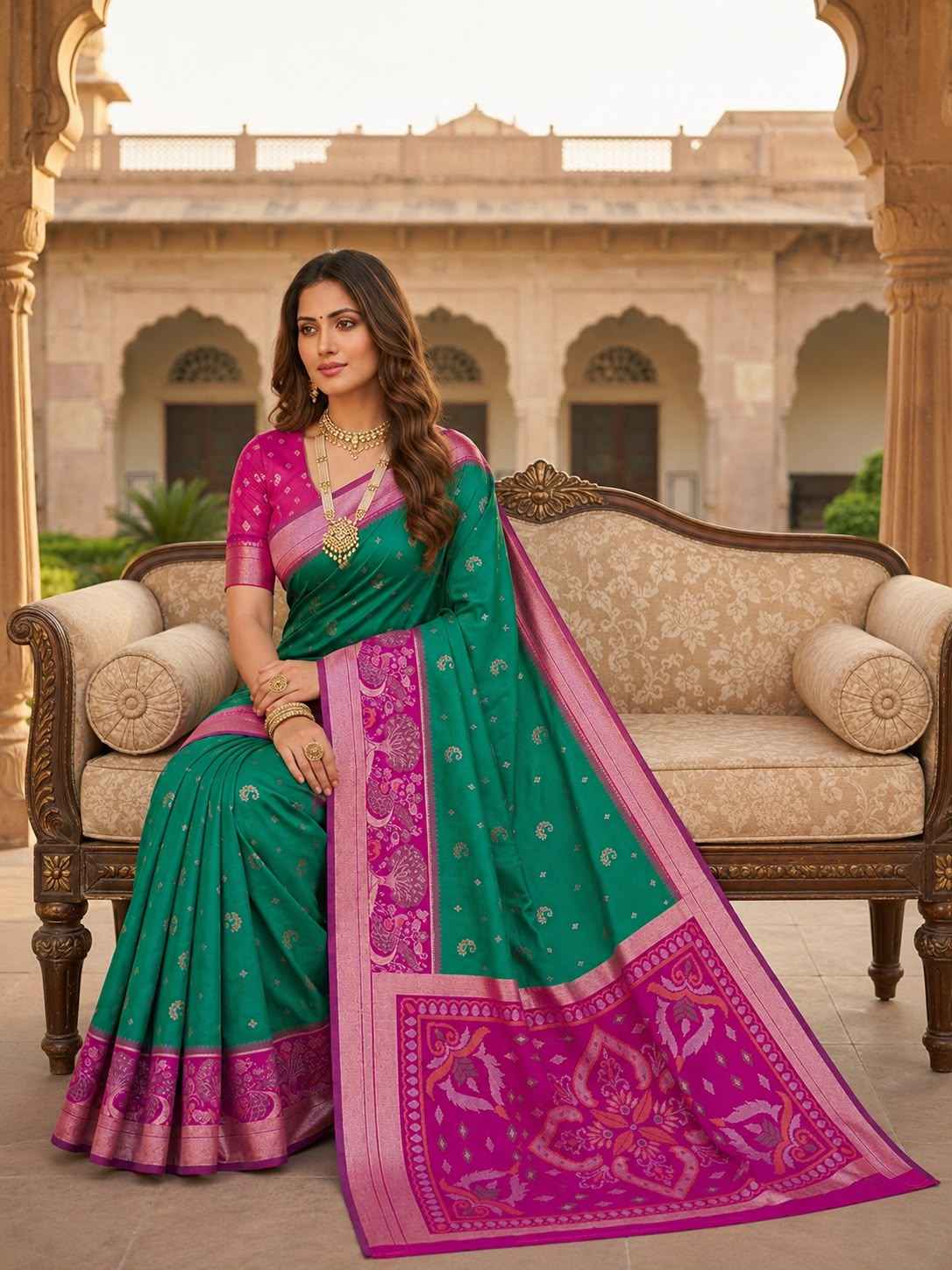 POCHAMPALLI SILK BLEND LUSTROUS TRADITIONAL IKKAT PATTERN ZARI WEAVING SAREE 2