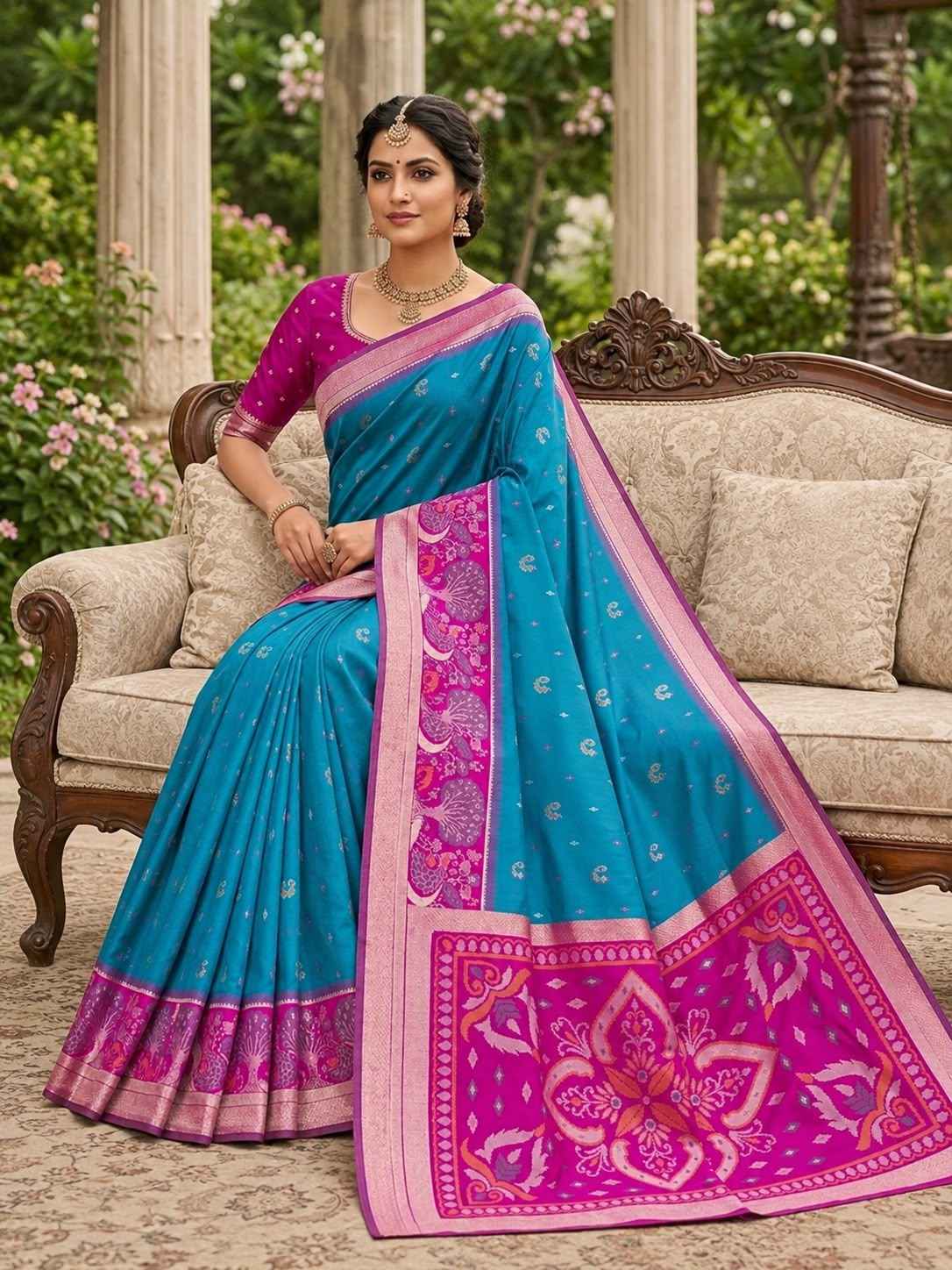 POCHAMPALLI SILK BLEND LUSTROUS TRADITIONAL IKKAT PATTERN ZARI WEAVING SAREE 2