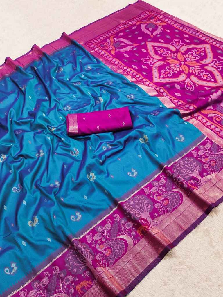 POCHAMPALLI SILK BLEND LUSTROUS TRADITIONAL IKKAT PATTERN ZARI WEAVING SAREE 2