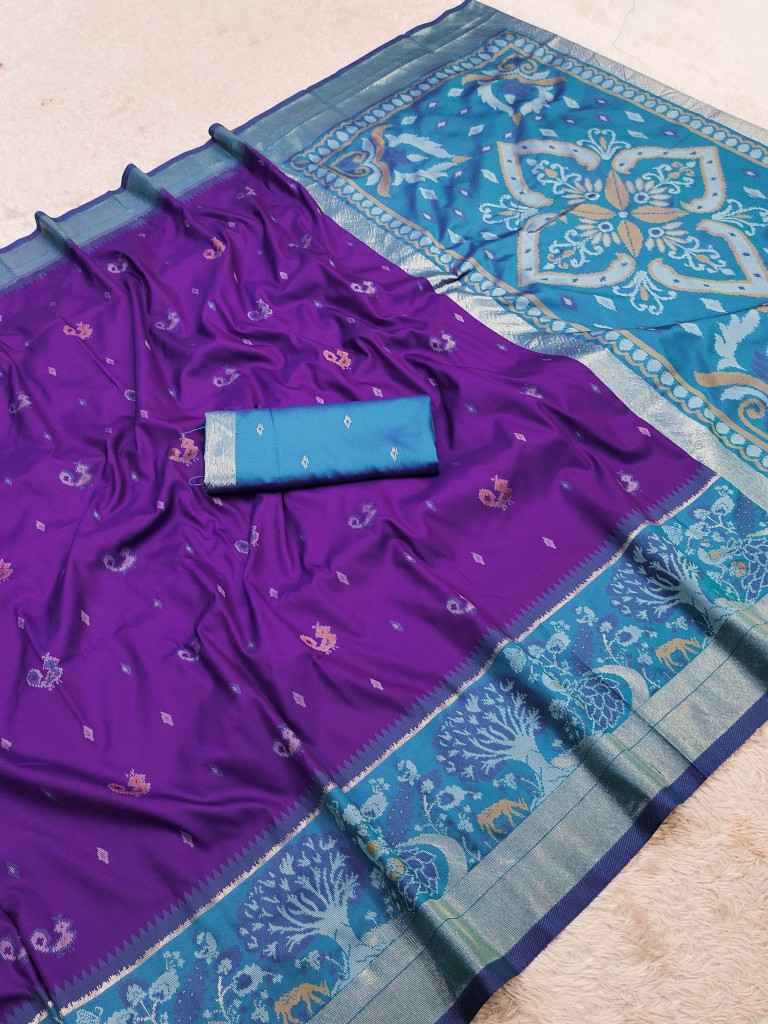 POCHAMPALLI SILK BLEND LUSTROUS TRADITIONAL IKKAT PATTERN ZARI WEAVING SAREE 2