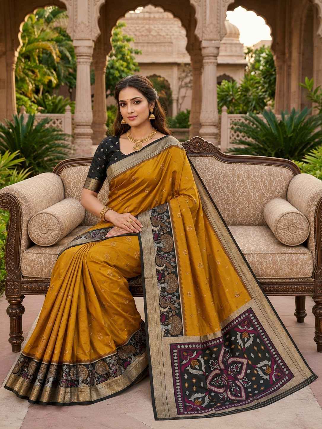 POCHAMPALLI SILK BLEND LUSTROUS TRADITIONAL IKKAT PATTERN ZARI WEAVING SAREE 2