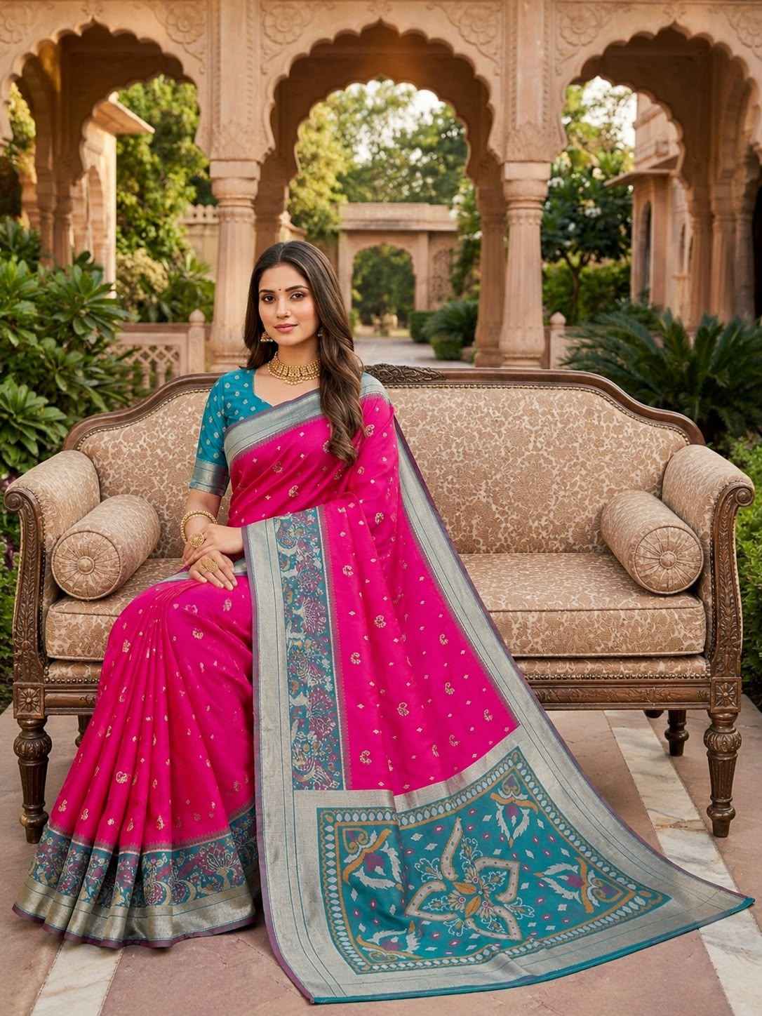 POCHAMPALLI SILK BLEND LUSTROUS TRADITIONAL IKKAT PATTERN ZARI WEAVING SAREE 2