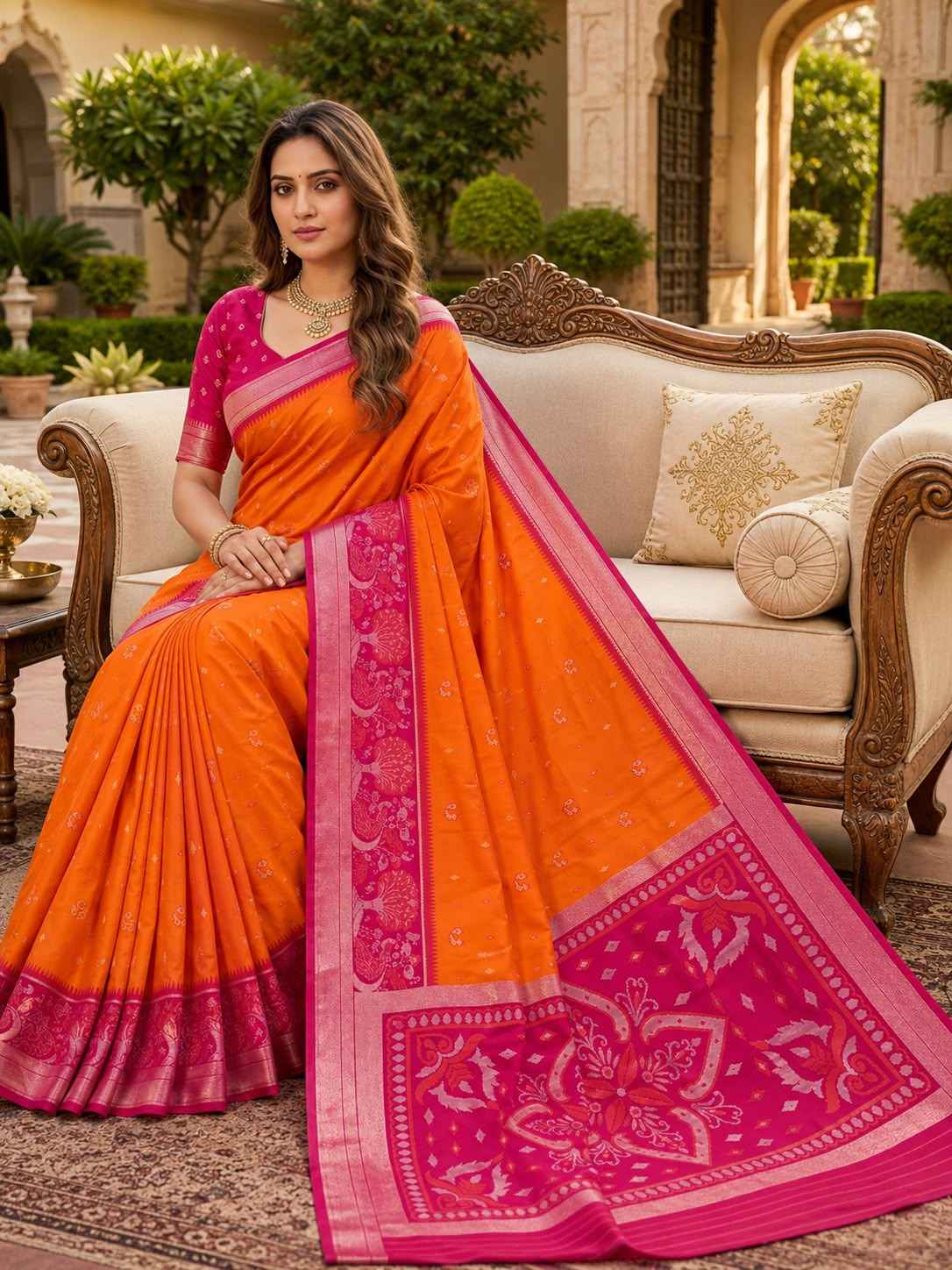 POCHAMPALLI SILK BLEND LUSTROUS TRADITIONAL IKKAT PATTERN ZARI WEAVING SAREE 2