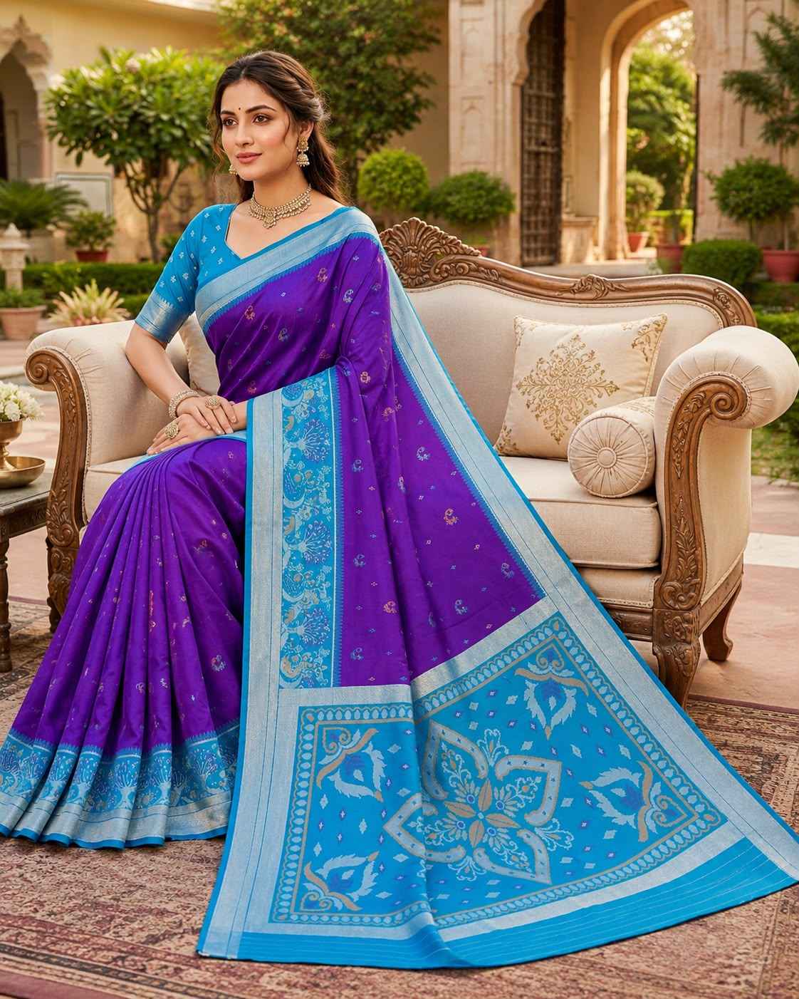 POCHAMPALLI SILK BLEND LUSTROUS TRADITIONAL IKKAT PATTERN ZARI WEAVING SAREE 2