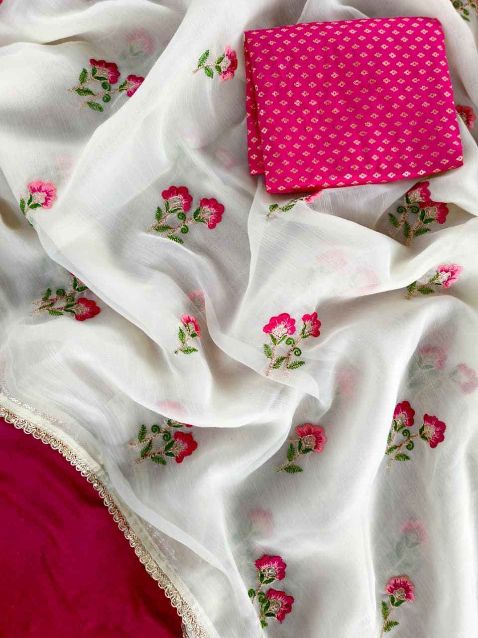 PURE CHIFFON FLOWER BUTTIS WORK SAREE 