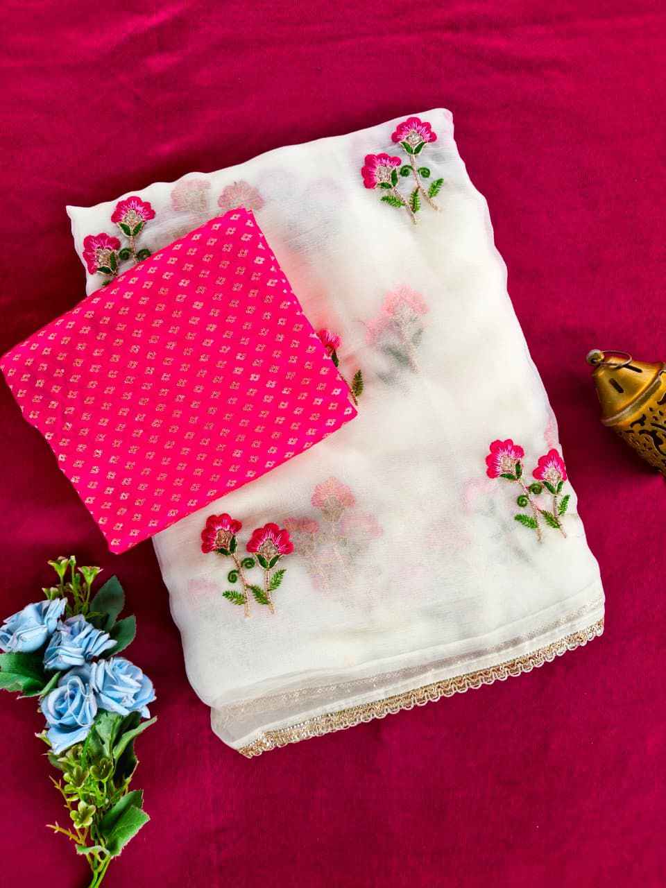 PURE CHIFFON FLOWER BUTTIS WORK SAREE 