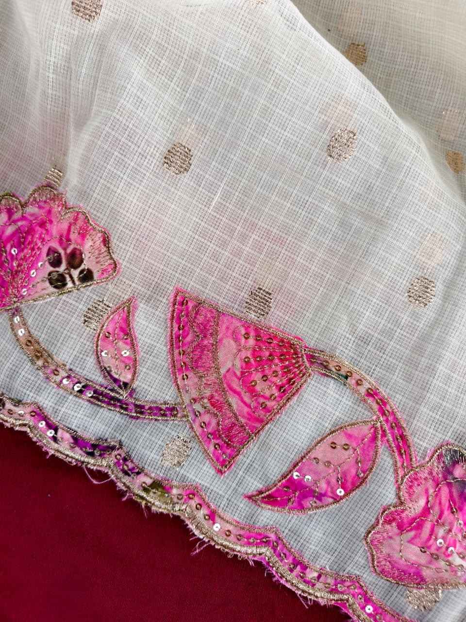PURE KOTA WEAVED BUTTIS APLIQUE WORK SAREE 
