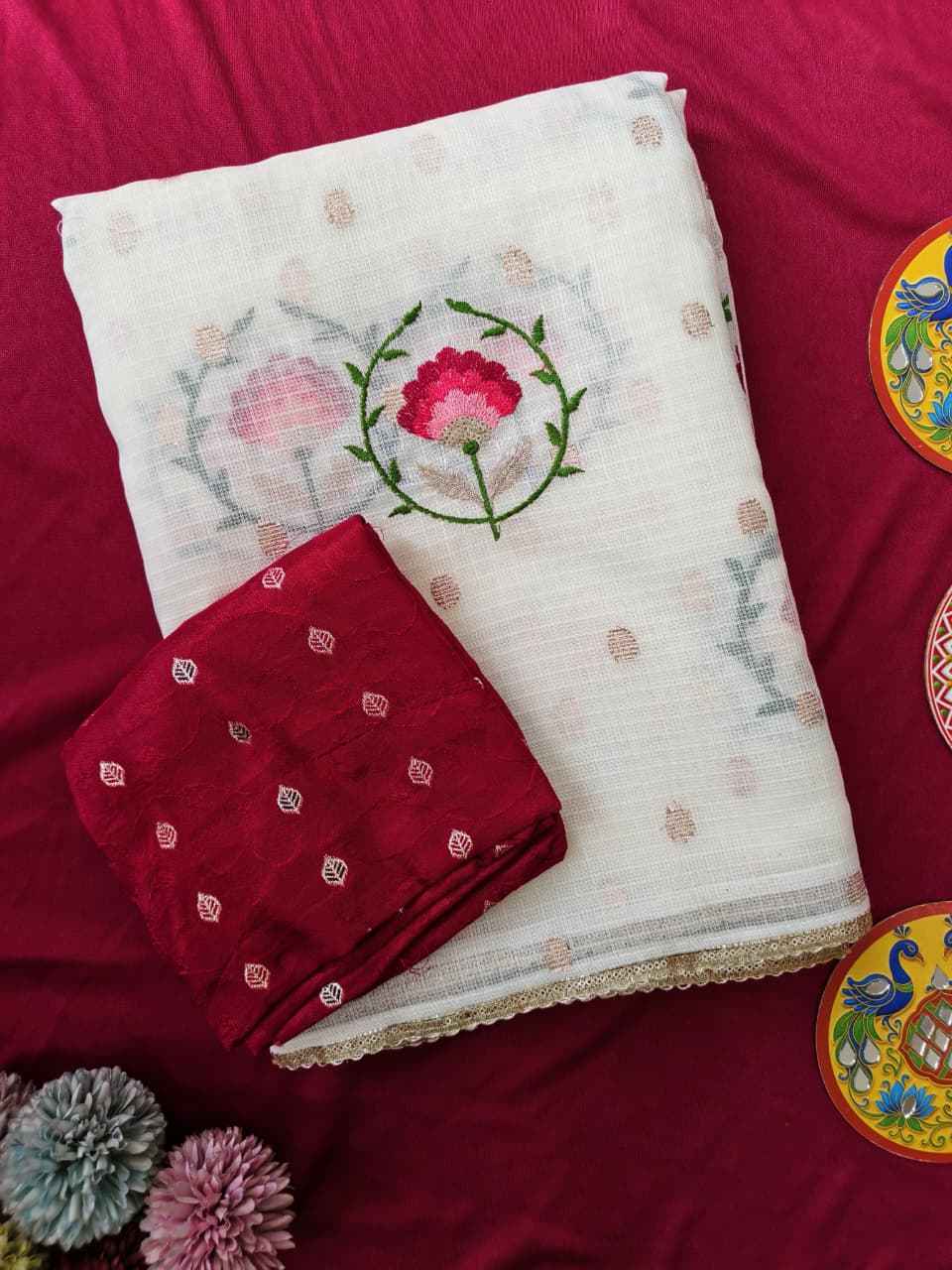 PURE KOTA WEAVING BUTTIS FLOWER EMBROIDORY WORK SAREE
