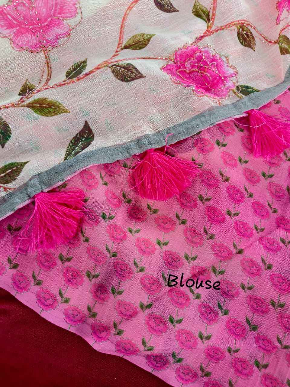 PURE LINEN MADHUBANI FLORAL PRINT SAREE