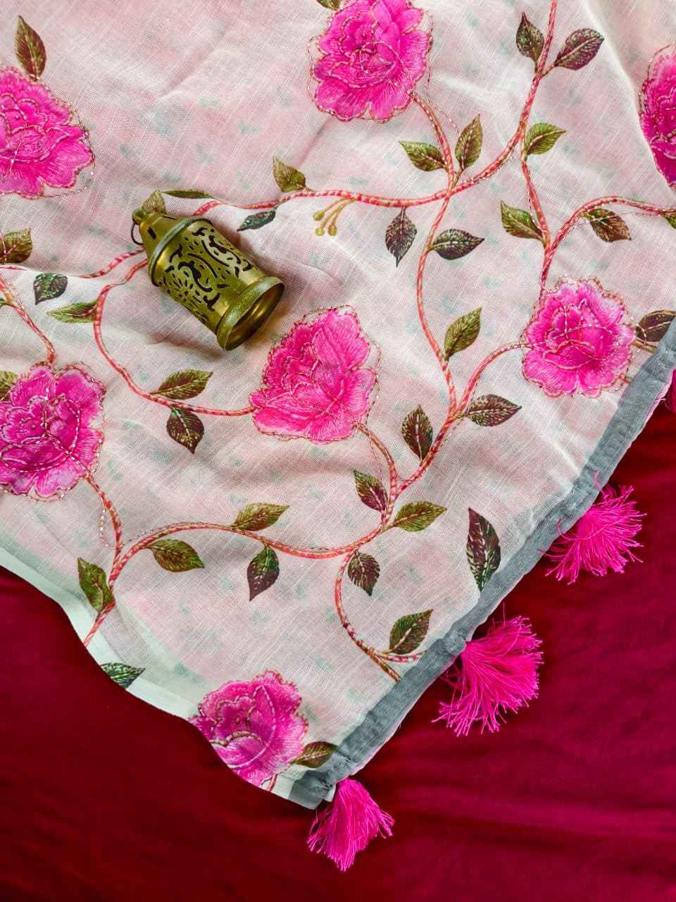 PURE LINEN MADHUBANI FLORAL PRINT SAREE