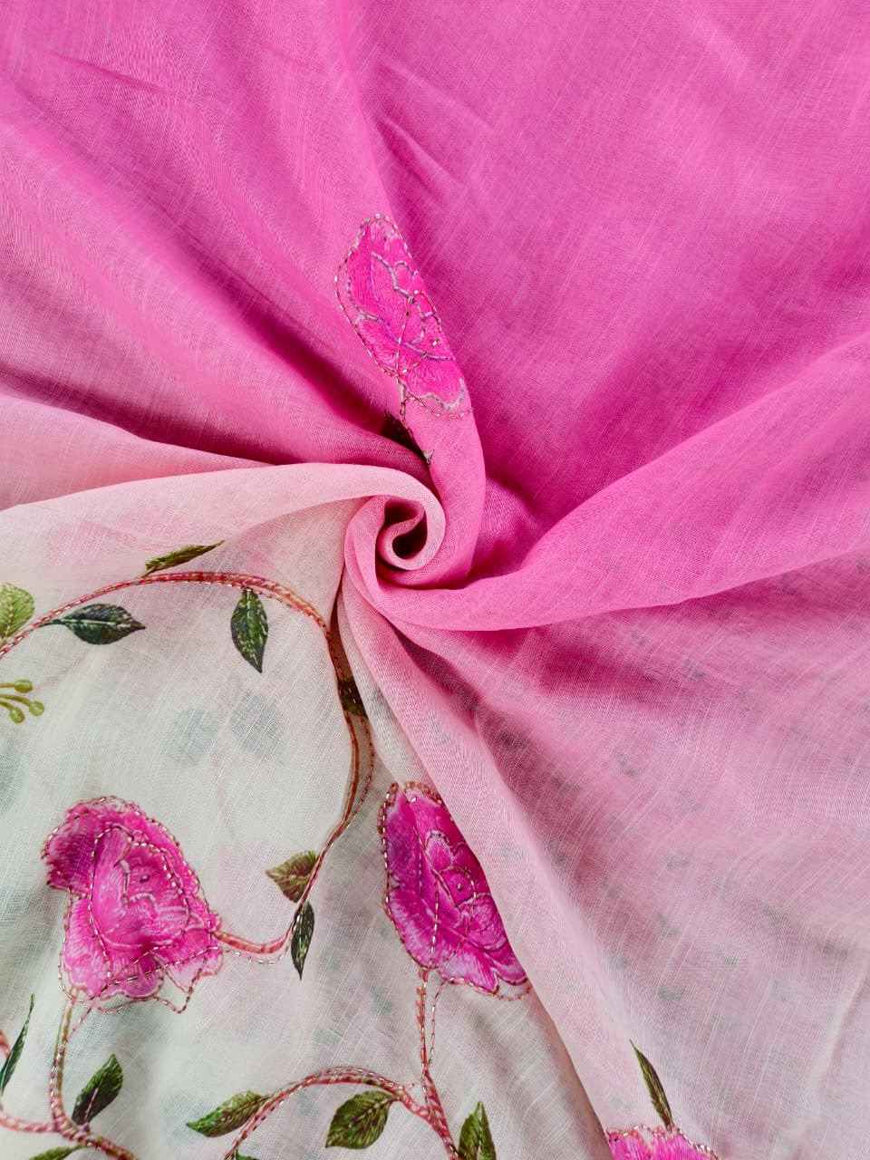 PURE LINEN MADHUBANI FLORAL PRINT SAREE