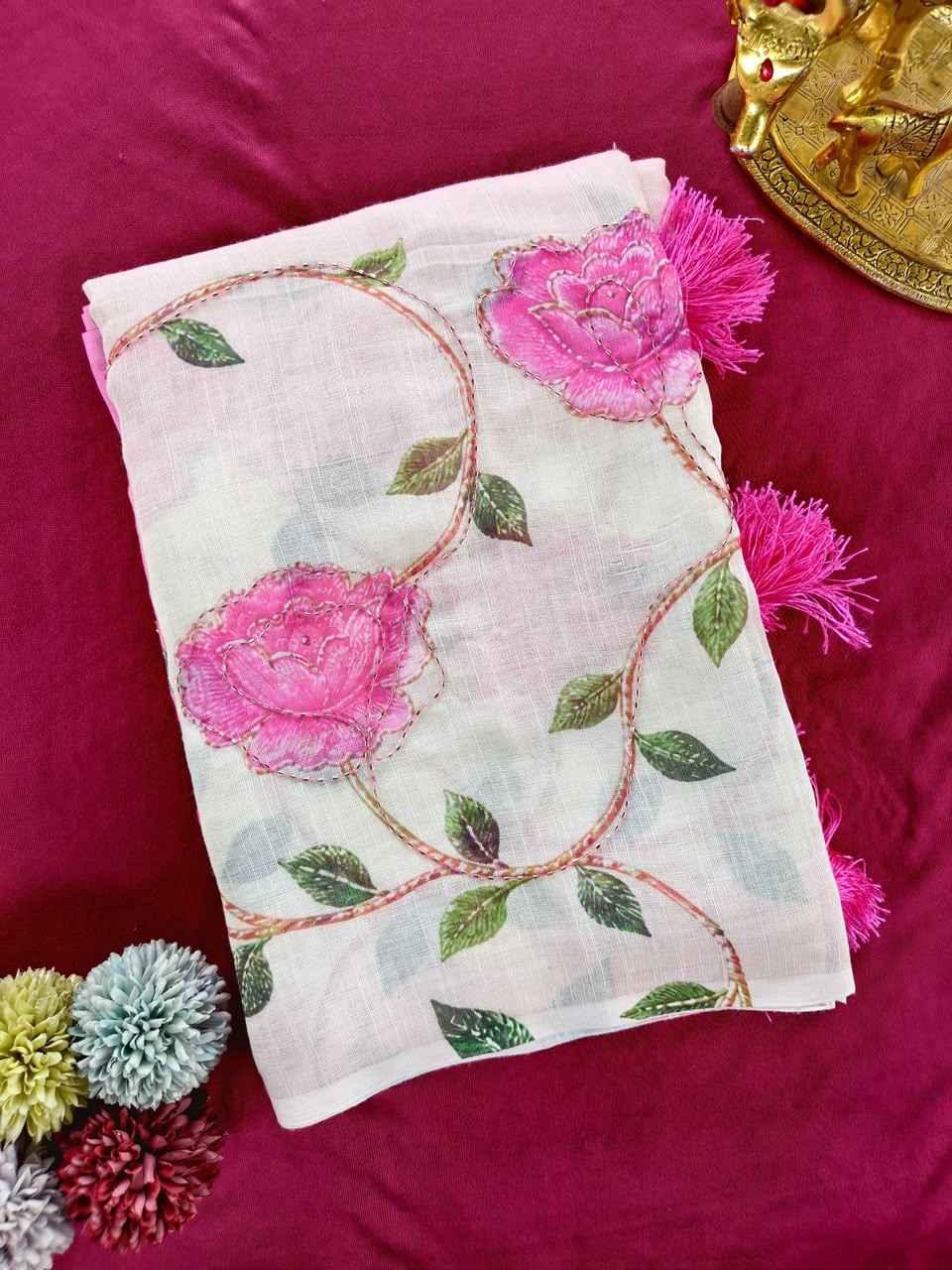 PURE LINEN MADHUBANI FLORAL PRINT SAREE
