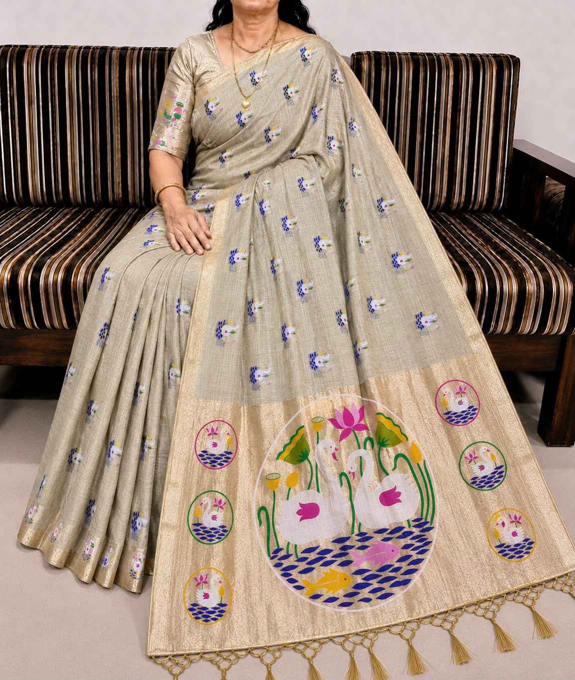 PURE SOFT MUGA COTTON FLOWER ZARI WEAVING SAREE 