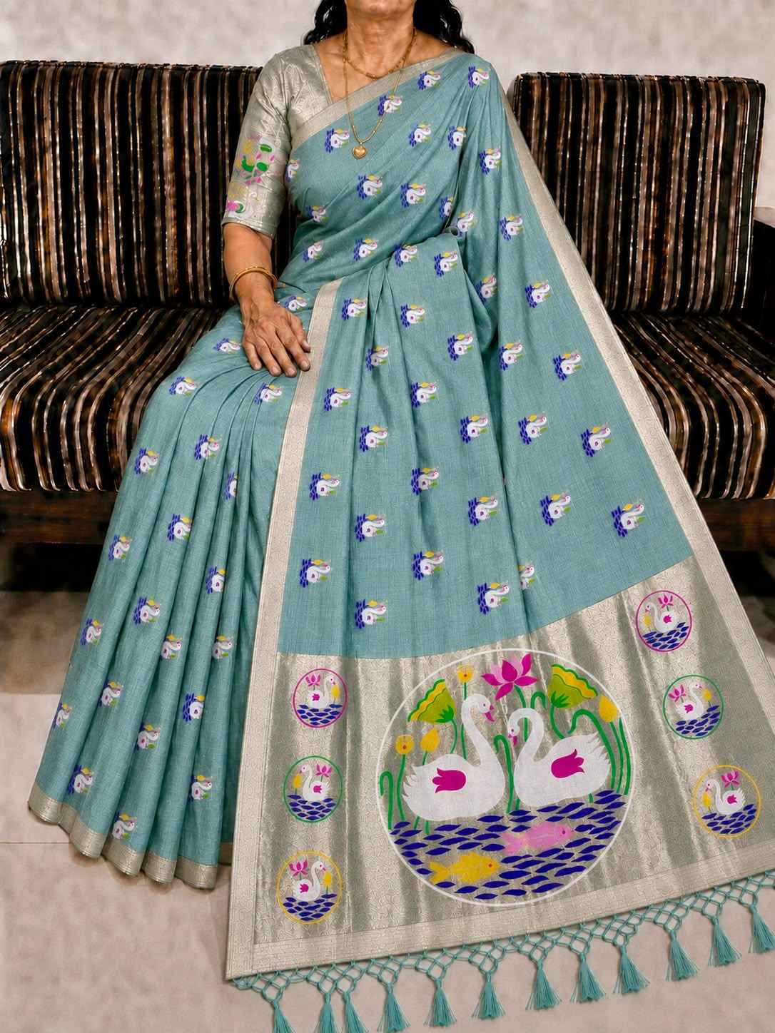 PURE SOFT MUGA COTTON FLOWER ZARI WEAVING SAREE 