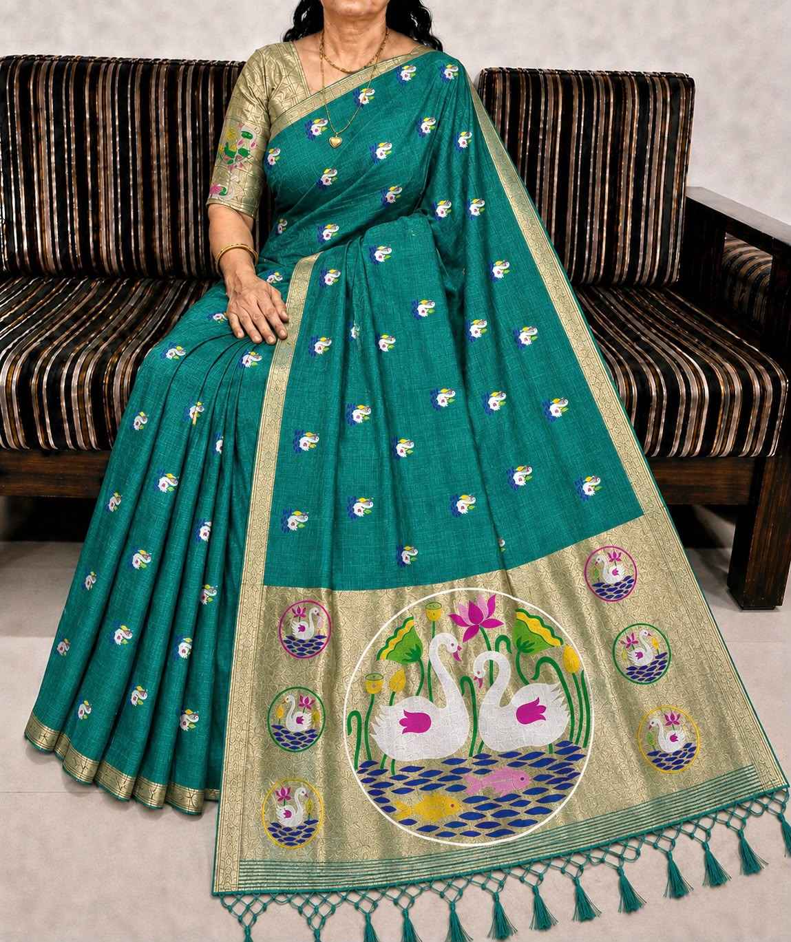 PURE SOFT MUGA COTTON FLOWER ZARI WEAVING SAREE 