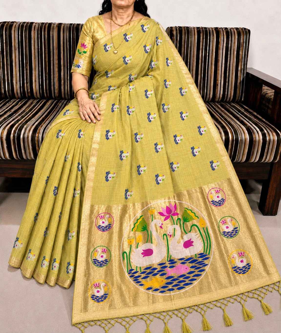 PURE SOFT MUGA COTTON FLOWER ZARI WEAVING SAREE 