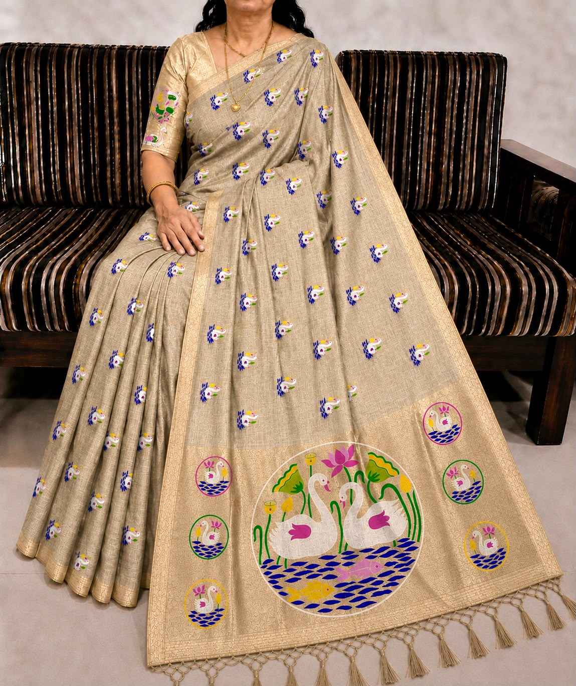PURE SOFT MUGA COTTON FLOWER ZARI WEAVING SAREE 