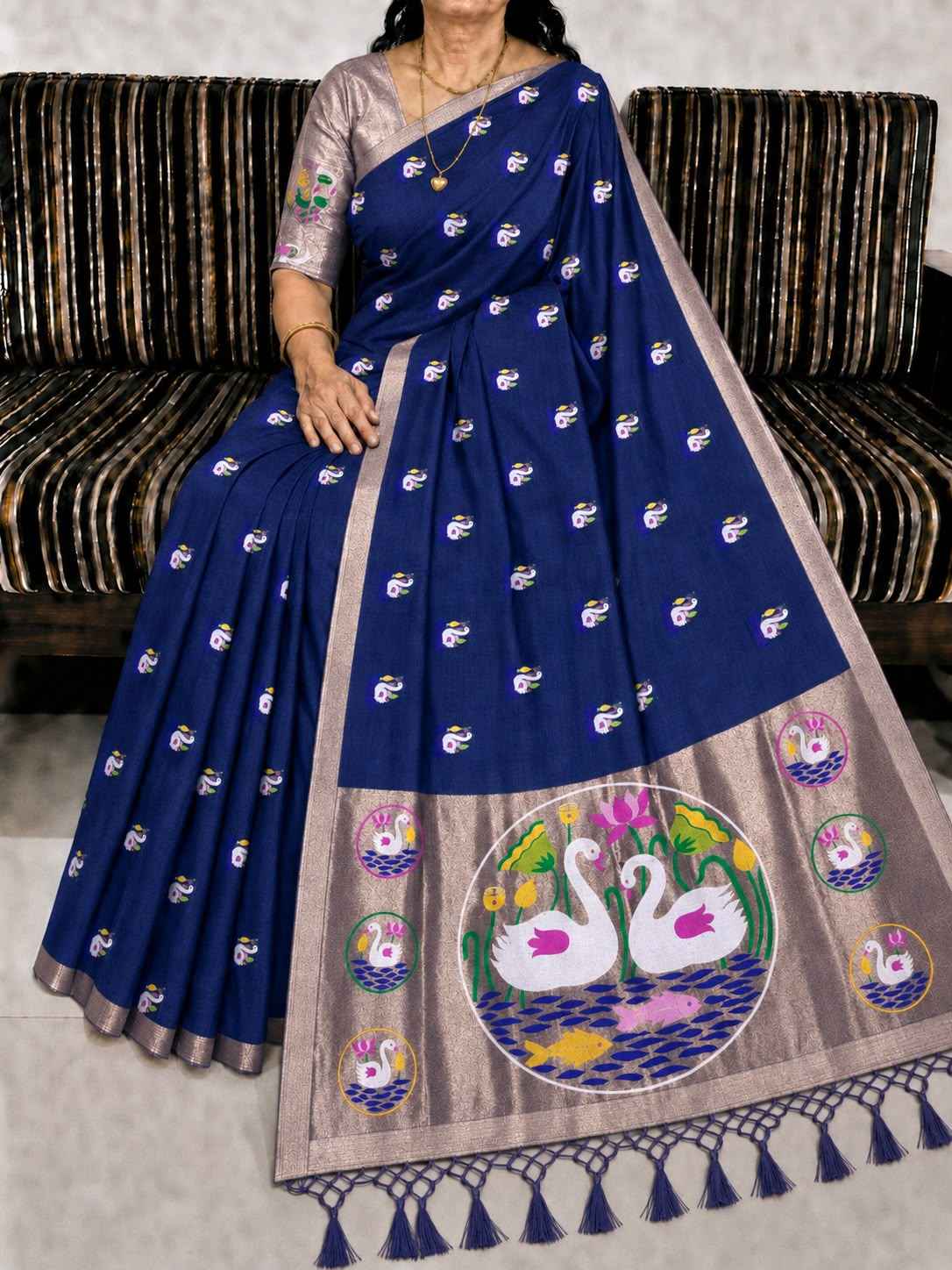 PURE SOFT MUGA COTTON FLOWER ZARI WEAVING SAREE 