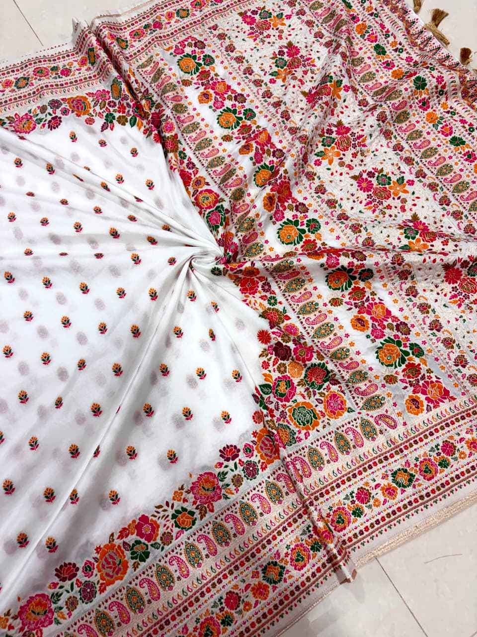 PURE SOFT RAJWADI PASHMINA SILK KASHMIRI THREAD ZARI WEAVING SAREE 1