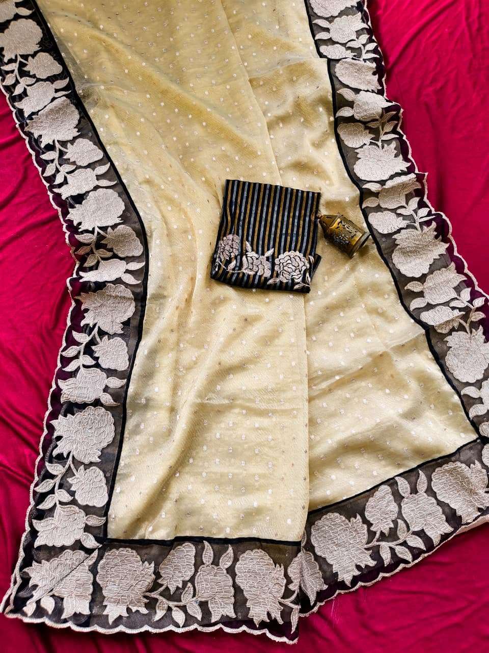 PURE SOFT ZARI TISSUE APPLIQUE WORK SAREE
