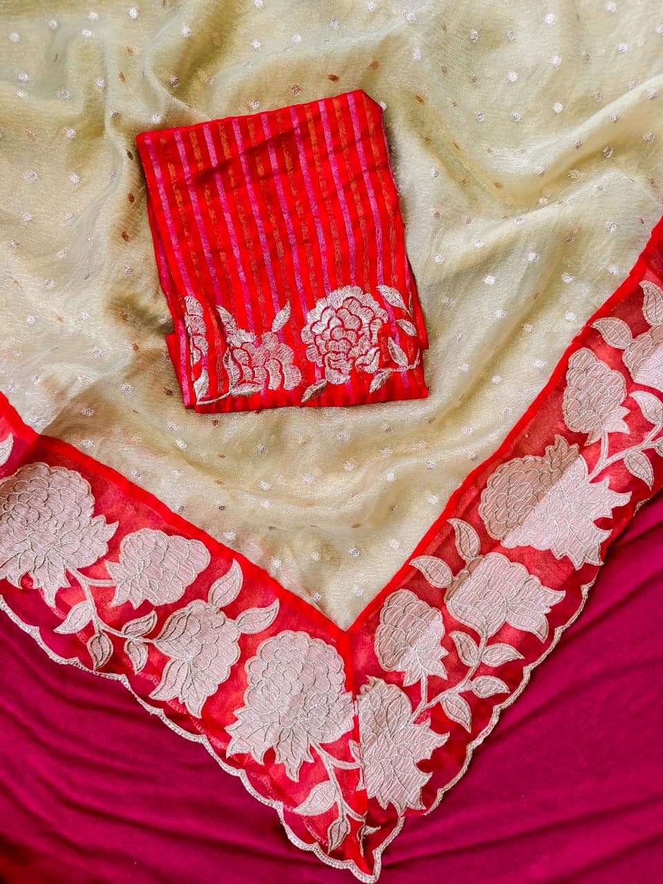 PURE SOFT ZARI TISSUE APPLIQUE WORK SAREE