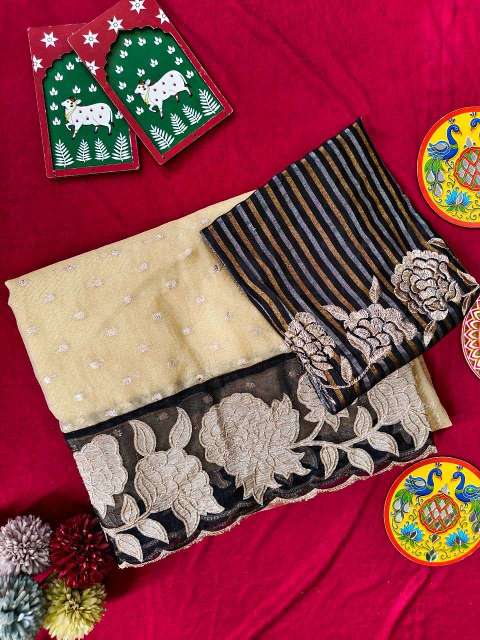 PURE SOFT ZARI TISSUE APPLIQUE WORK SAREE