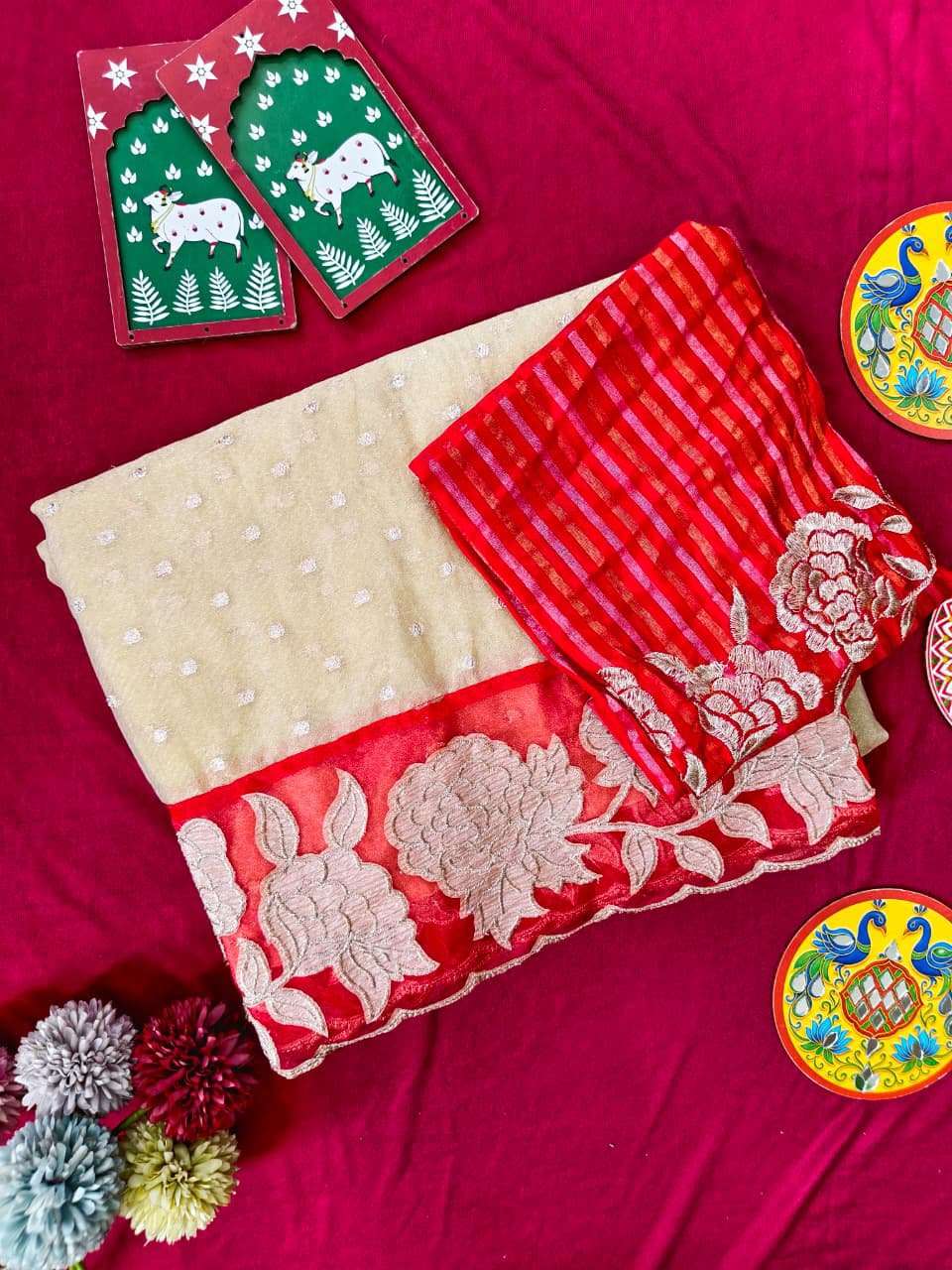 PURE SOFT ZARI TISSUE APPLIQUE WORK SAREE