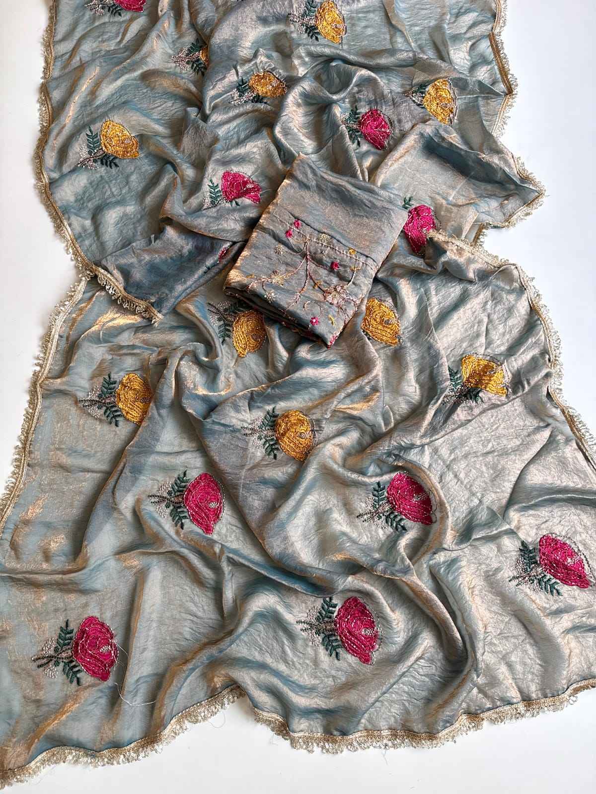 PURE SPACE SILK SAREE FLOWER EMBROIDORY WORK SAREE