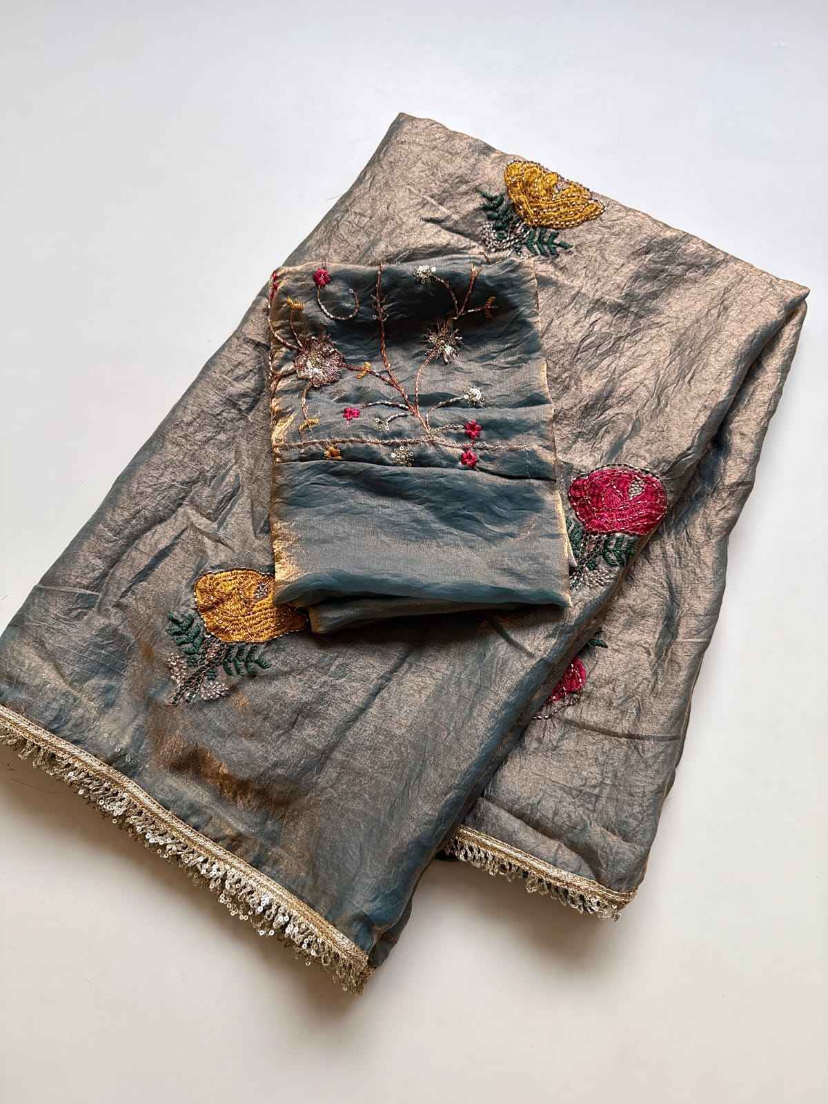 PURE SPACE SILK SAREE FLOWER EMBROIDORY WORK SAREE