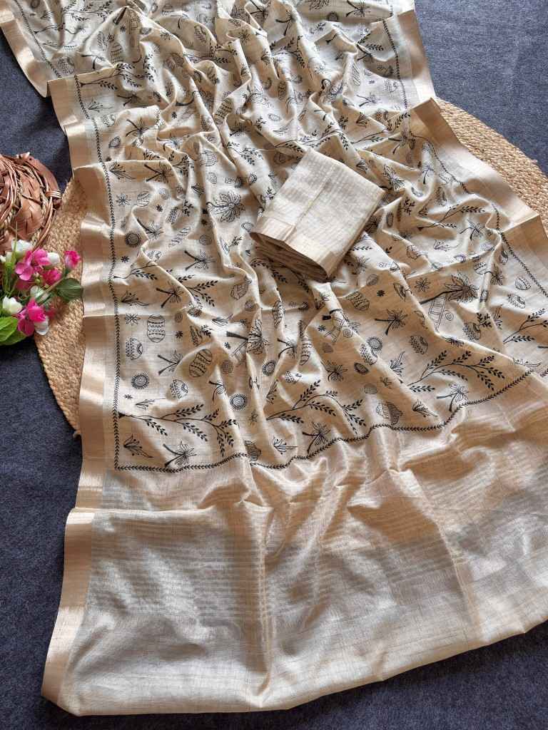 PURE TUSSER SILK EMBROIDERY WORK SAREE